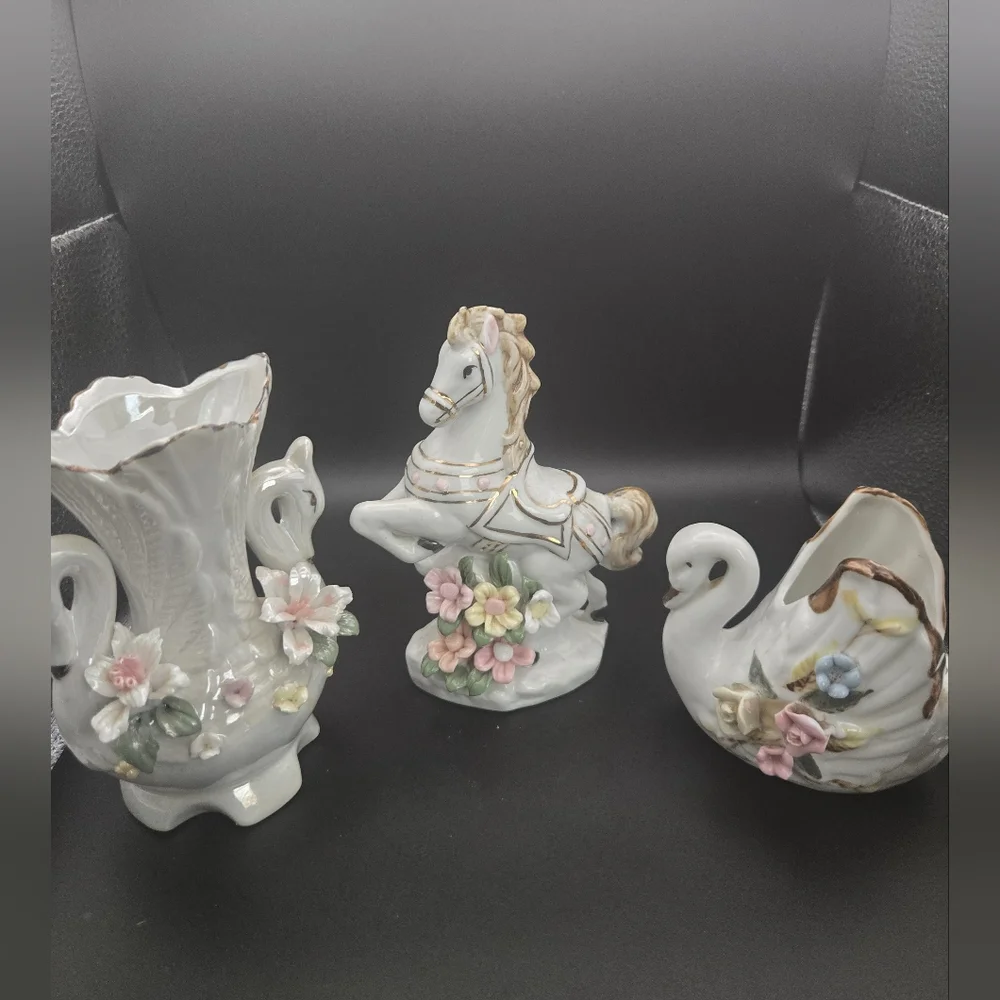 Porcelain Swan and Horse Figurines with Floral Accents Vintage